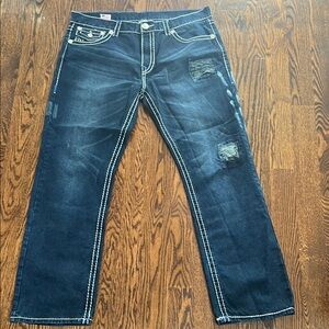 True Religion Blue Straight Jeans with Distressed Details